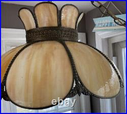 Vintage 18 Tan & Beige Swirl Stained Slag Glass Ceiling Hanging Lamp Light