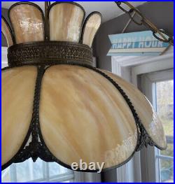 Vintage 18 Tan & Beige Swirl Stained Slag Glass Ceiling Hanging Lamp Light
