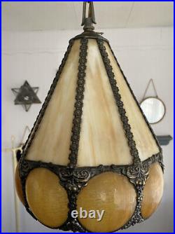 Vintage 1920s Slag Glass Parlor Porch Hanging Light Amber Regency Pendant Lamp