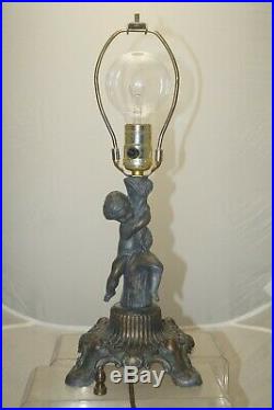 Vintage 1950s Era Bronze Figural Slag Glass Art Deco Electric Table Lamp