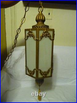 Vintage 1960's Metal & White Slag Glass Chain Hanging Tassel Pull Chain Lamp