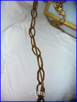 Vintage 1960's Metal & White Slag Glass Chain Hanging Tassel Pull Chain Lamp