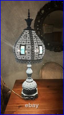 Vintage 1967 Loevsky & Loevsky Blue Slag Glass Lamp Moroccan Bohemian