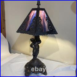 Vintage 1972 Cherub Figural Table Lamp Heavy Slag Glass Shade Works