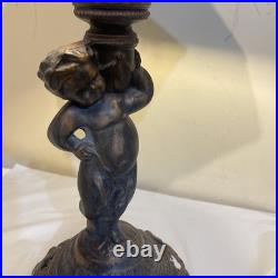 Vintage 1972 Cherub Figural Table Lamp Heavy Slag Glass Shade Works