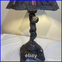 Vintage 1972 Cherub Figural Table Lamp Heavy Slag Glass Shade Works