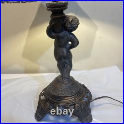 Vintage 1972 Cherub Figural Table Lamp Heavy Slag Glass Shade Works