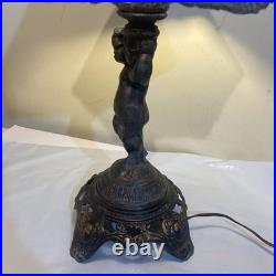 Vintage 1972 Cherub Figural Table Lamp Heavy Slag Glass Shade Works