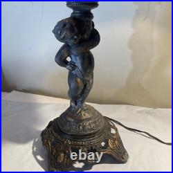 Vintage 1972 Cherub Figural Table Lamp Heavy Slag Glass Shade Works
