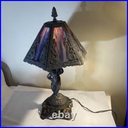 Vintage 1972 Cherub Figural Table Lamp Heavy Slag Glass Shade Works
