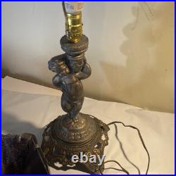 Vintage 1972 Cherub Figural Table Lamp Heavy Slag Glass Shade Works