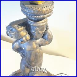 Vintage 1972 Cherub Figural Table Lamp Heavy Slag Glass Shade Works