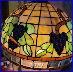 Vintage 19 Tiffany Style Stained slag Glass Pendant-Chandelier grape vines