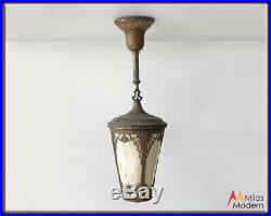 Vintage 20s Art Nouveau Brass and Slag Glass Pendant Light Ceiling Lamp Fixture