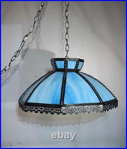Vintage 21 Blue Stained Curved Slag Glass Swag Lamp 3 Light Socket Retro