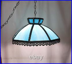 Vintage 21 Blue Stained Curved Slag Glass Swag Lamp 3 Light Socket Retro