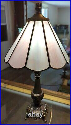 Vintage 21 Leaded Stained Slag Pink Purple White Swirled Glass Lamp Table Desk