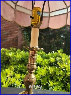 Vintage 22 Ornate Brass & Lavander Slag Glass Table Lamp