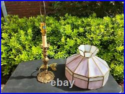 Vintage 22 Ornate Brass & Lavander Slag Glass Table Lamp