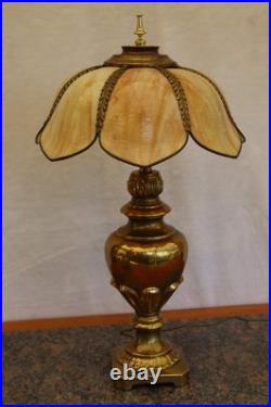 Vintage 30 Large Slag Glass Tulip Table Lamp Heavy Solid Brass Base & Shade