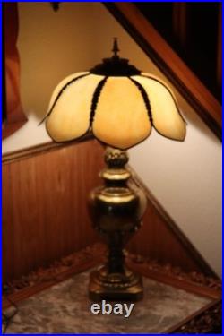 Vintage 30 Large Slag Glass Tulip Table Lamp Heavy Solid Brass Base & Shade