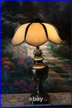 Vintage 30 Large Slag Glass Tulip Table Lamp Heavy Solid Brass Base & Shade