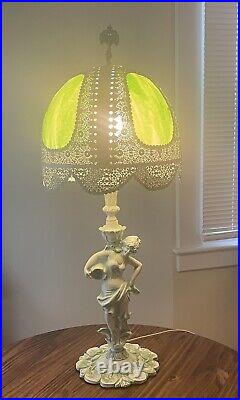 Vintage 30's Green Slag Glass/wrought iron shade 3ft metal figural lamp RARE