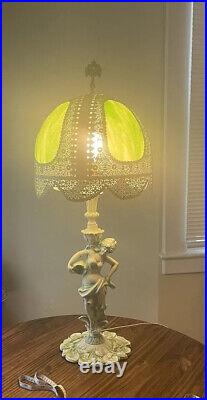 Vintage 30's Green Slag Glass/wrought iron shade 3ft metal figural lamp RARE
