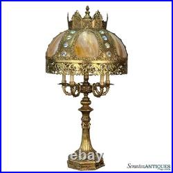 Vintage 40 Hollywood Regency Gold Slag Glass Jeweled Crown Table Lamp