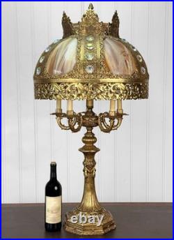 Vintage 40 Hollywood Regency Gold Slag Glass Jeweled Crown Table Lamp