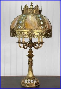 Vintage 40 Hollywood Regency Gold Slag Glass Jeweled Crown Table Lamp