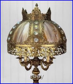 Vintage 40 Hollywood Regency Gold Slag Glass Jeweled Crown Table Lamp