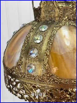 Vintage 40 Hollywood Regency Gold Slag Glass Jeweled Crown Table Lamp
