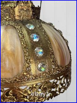 Vintage 40 Hollywood Regency Gold Slag Glass Jeweled Crown Table Lamp