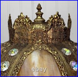 Vintage 40 Hollywood Regency Gold Slag Glass Jeweled Crown Table Lamp
