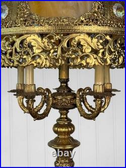 Vintage 40 Hollywood Regency Gold Slag Glass Jeweled Crown Table Lamp