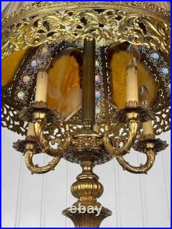 Vintage 40 Hollywood Regency Gold Slag Glass Jeweled Crown Table Lamp