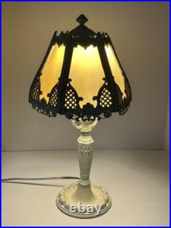 Vintage 6-Panel Curved Slag Glass 15 Tall Boudoir Table Lamp