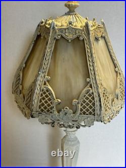 Vintage 6-Panel Curved Slag Glass 15 Tall Boudoir Table Lamp Vintage 6-Panel Curved Slag Glass 15 Tall Boudoir Table Lamp