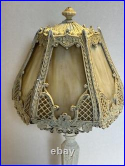 Vintage 6-Panel Curved Slag Glass 15 Tall Boudoir Table Lamp Vintage 6-Panel Curved Slag Glass 15 Tall Boudoir Table Lamp