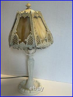 Vintage 6-Panel Curved Slag Glass 15 Tall Boudoir Table Lamp