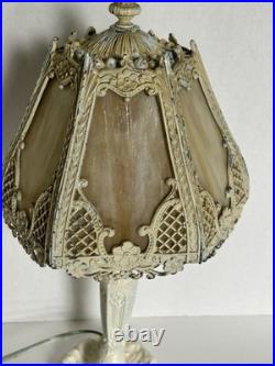Vintage 6-Panel Curved Slag Glass 15 Tall Boudoir Table Lamp
