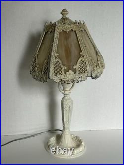 Vintage 6-Panel Curved Slag Glass 15 Tall Boudoir Table Lamp
