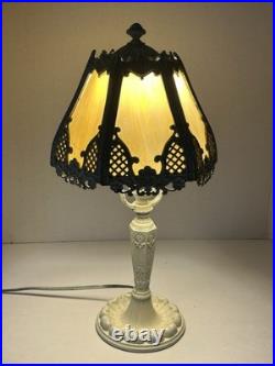Vintage 6-Panel Curved Slag Glass 15 Tall Boudoir Table Lamp