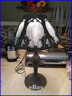 Vintage 6 Panel Slag Glass Parlor Table Lamp