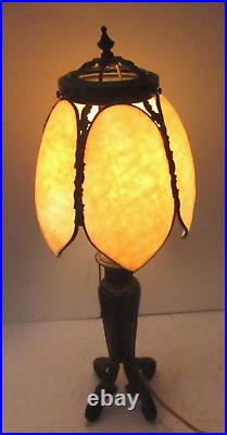 Vintage 6 Panel Slag Stained Glass Tulip Table lamp With Iron Base