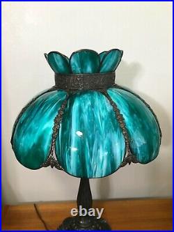 Vintage 8 Panels Bent Emerald Green Slag Glass Shade Table Lamp, 27 Tall
