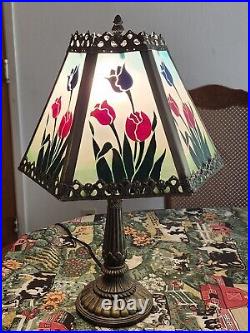 Vintage ARTS & CRAFTS LAMP With 6 PANEL SLAG Hand Painted Tulip SHADE