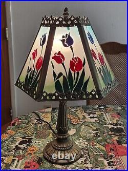 Vintage ARTS & CRAFTS LAMP With 6 PANEL SLAG Hand Painted Tulip SHADE