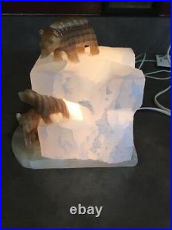 Vintage Alabaster Onyx Slag Stone Lamp Hand Carved Bears on Cliff